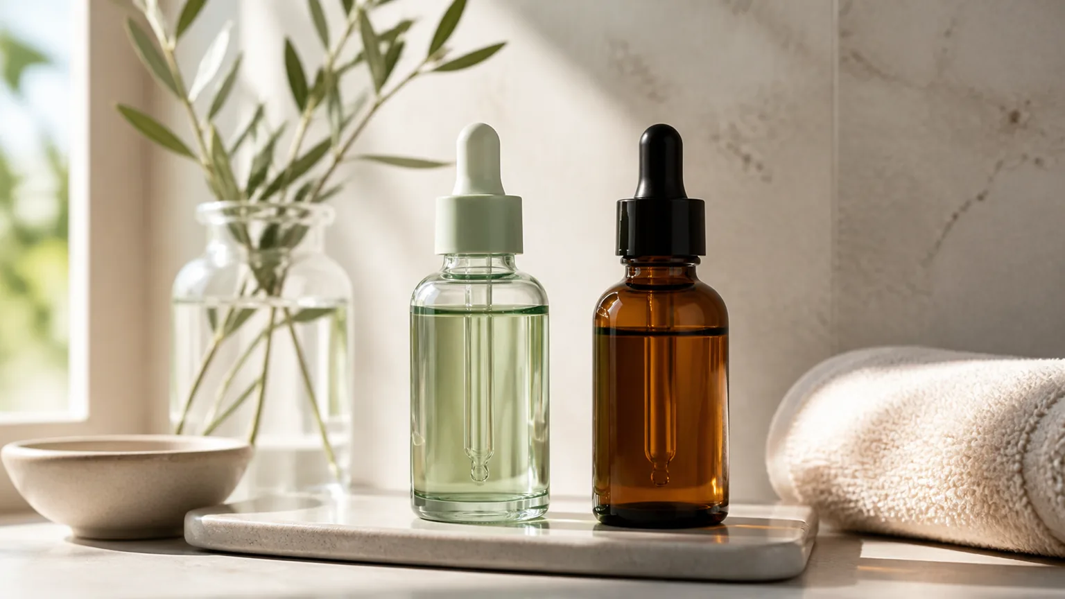 Dois frascos sem marca para comparar bakuchiol e retinol