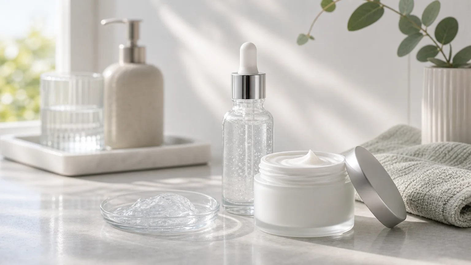 Creme facial sem marca com gotas de textura aquosa numa bancada clara