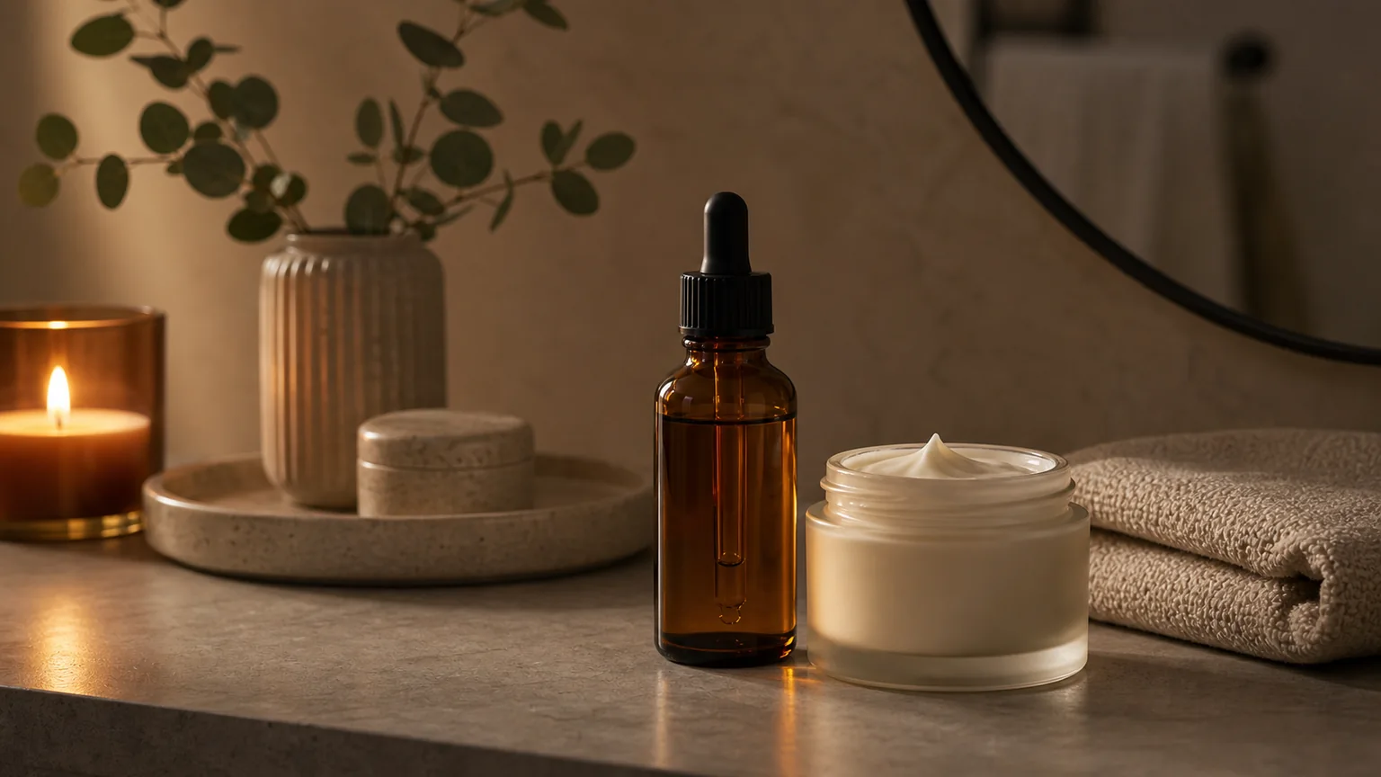 Creme de noite e sérum sem marca numa rotina noturna