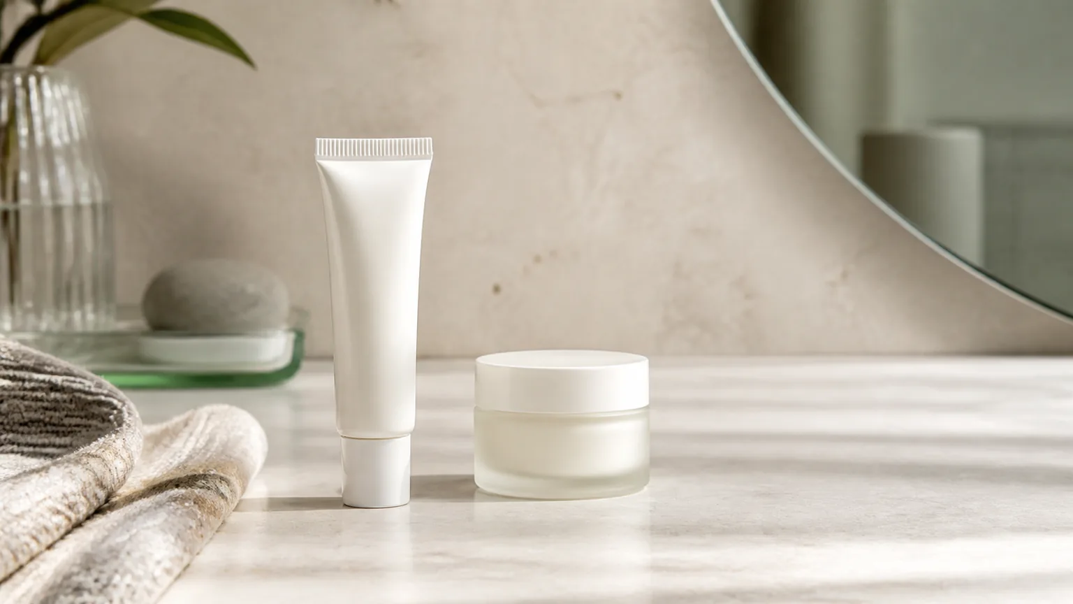 Creme sem marca para o contorno dos olhos numa bancada de casa de banho