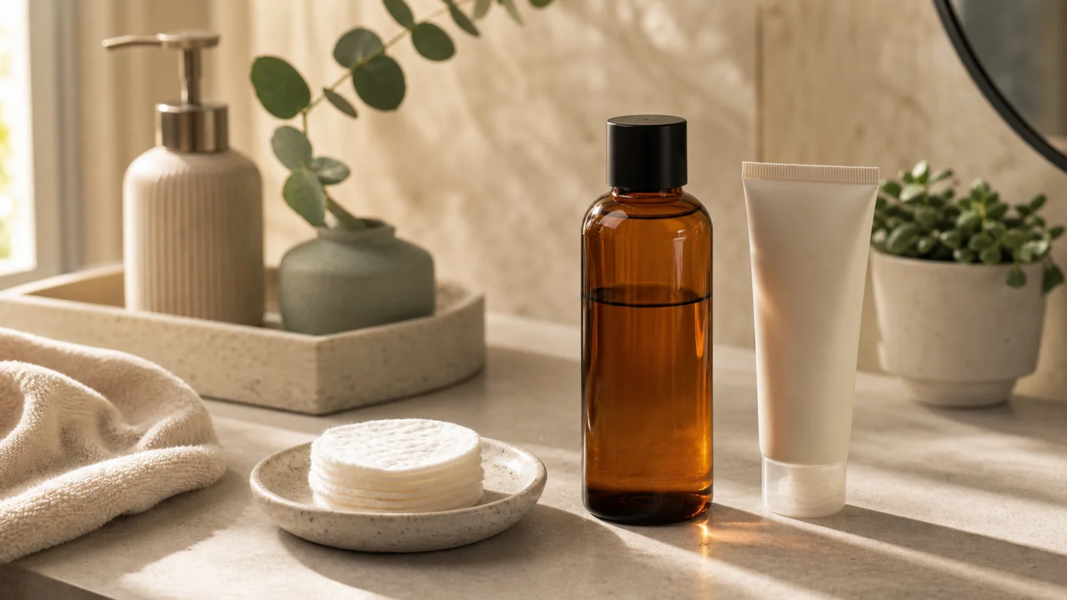 Frasco esfoliante sem marca com algodão reutilizável e creme reparador