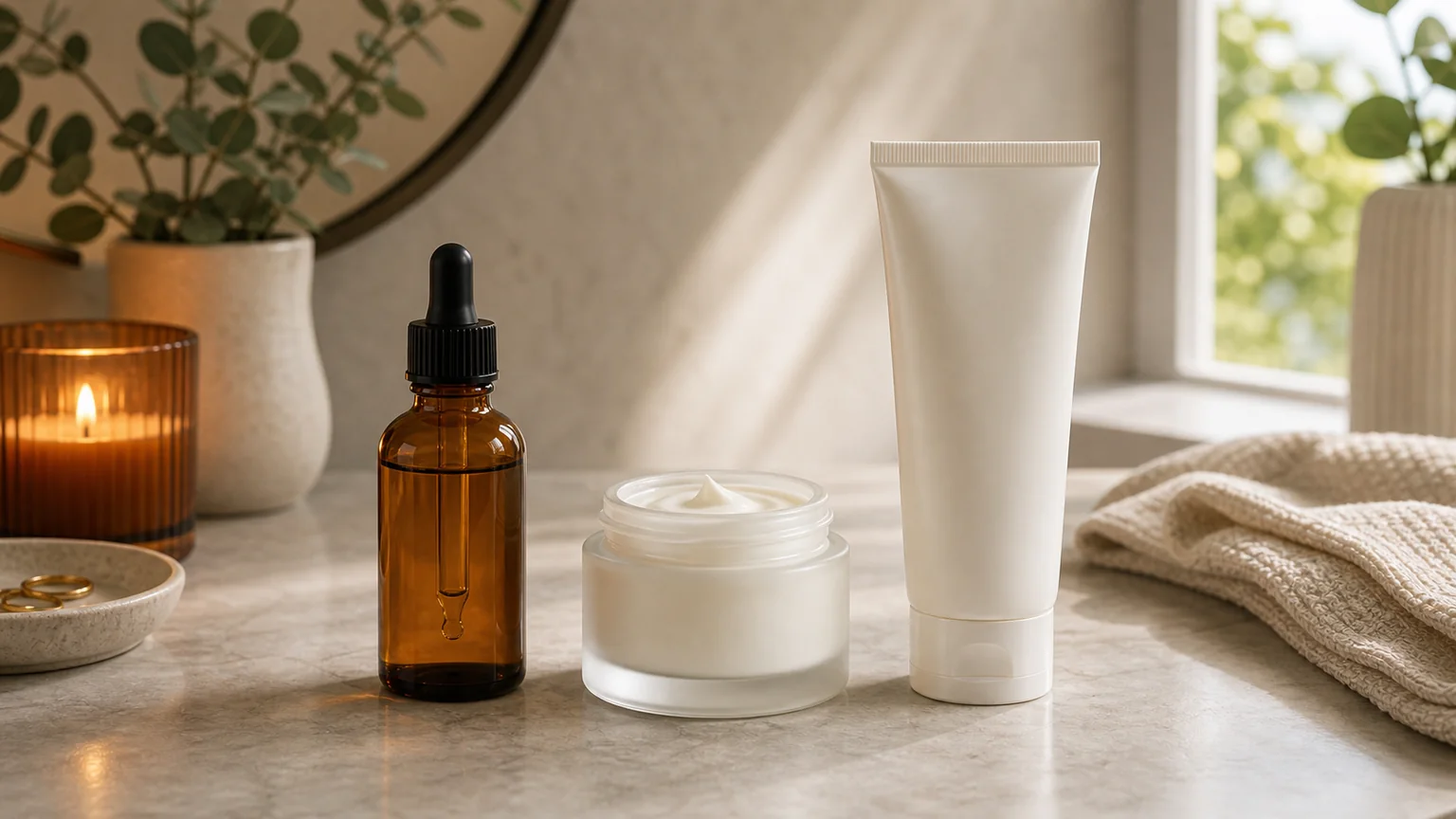 Protetor solar sem marca ao lado de sérum noturno para rotina com retinol