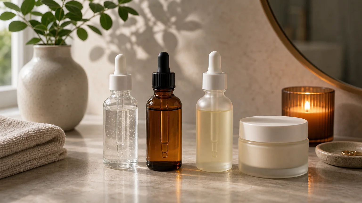 Três frascos de skincare sem marca para rotina com vitamina C, niacinamida e retinol