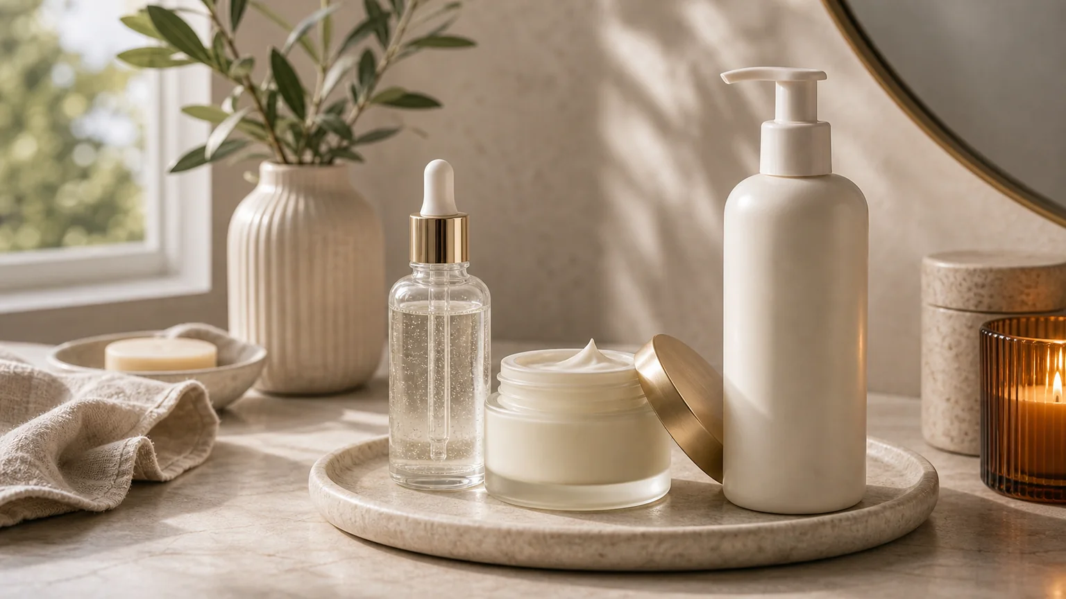 Rotina sem marca para pele madura com creme rico, sérum suave e SPF