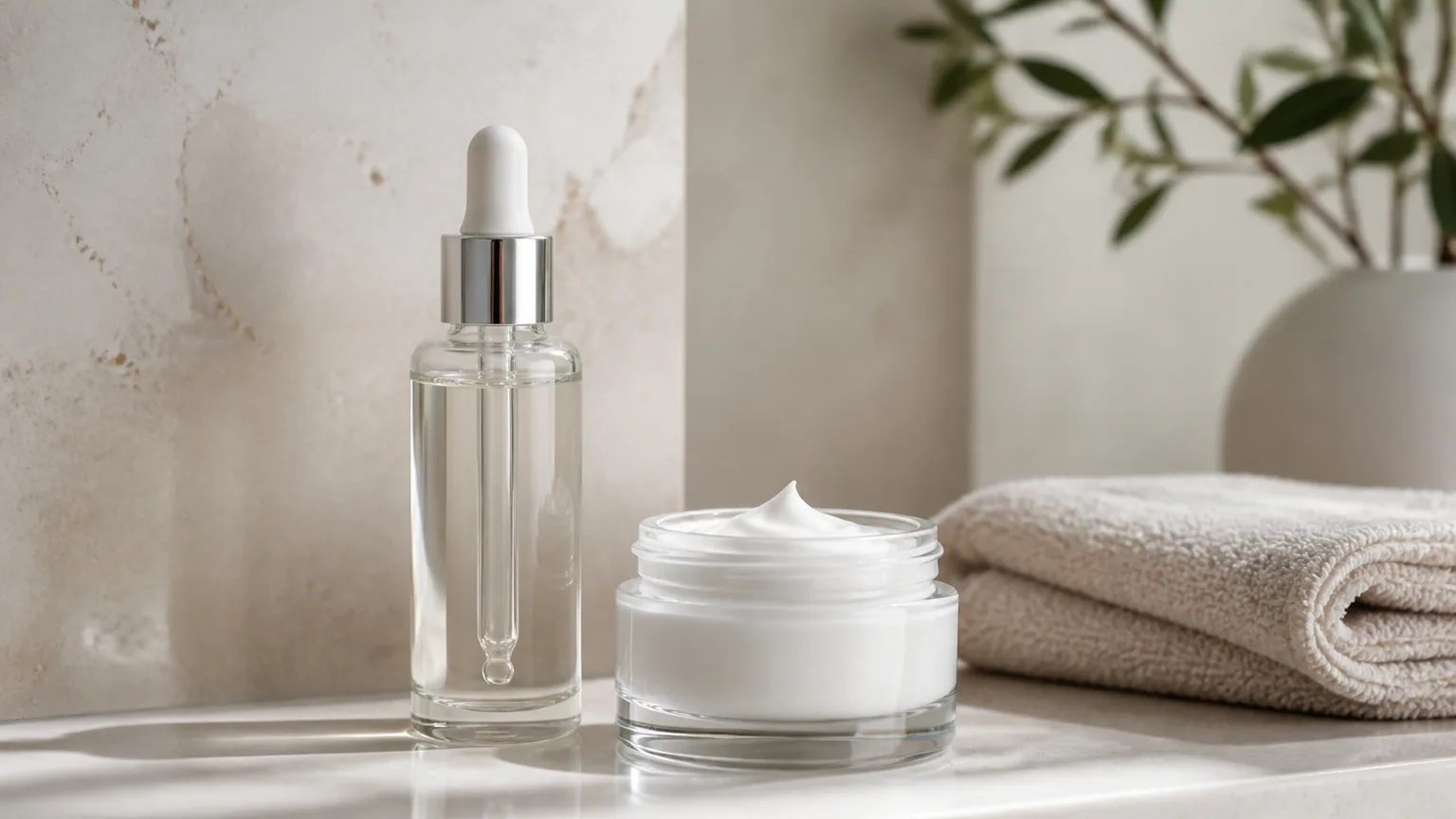 Sérum e creme sem marca lado a lado para comparar formatos de skincare