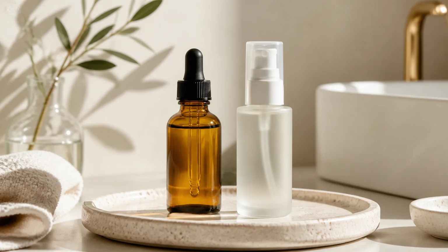 Dois séruns sem marca para comparar vitamina C e niacinamida numa casa de banho luminosa