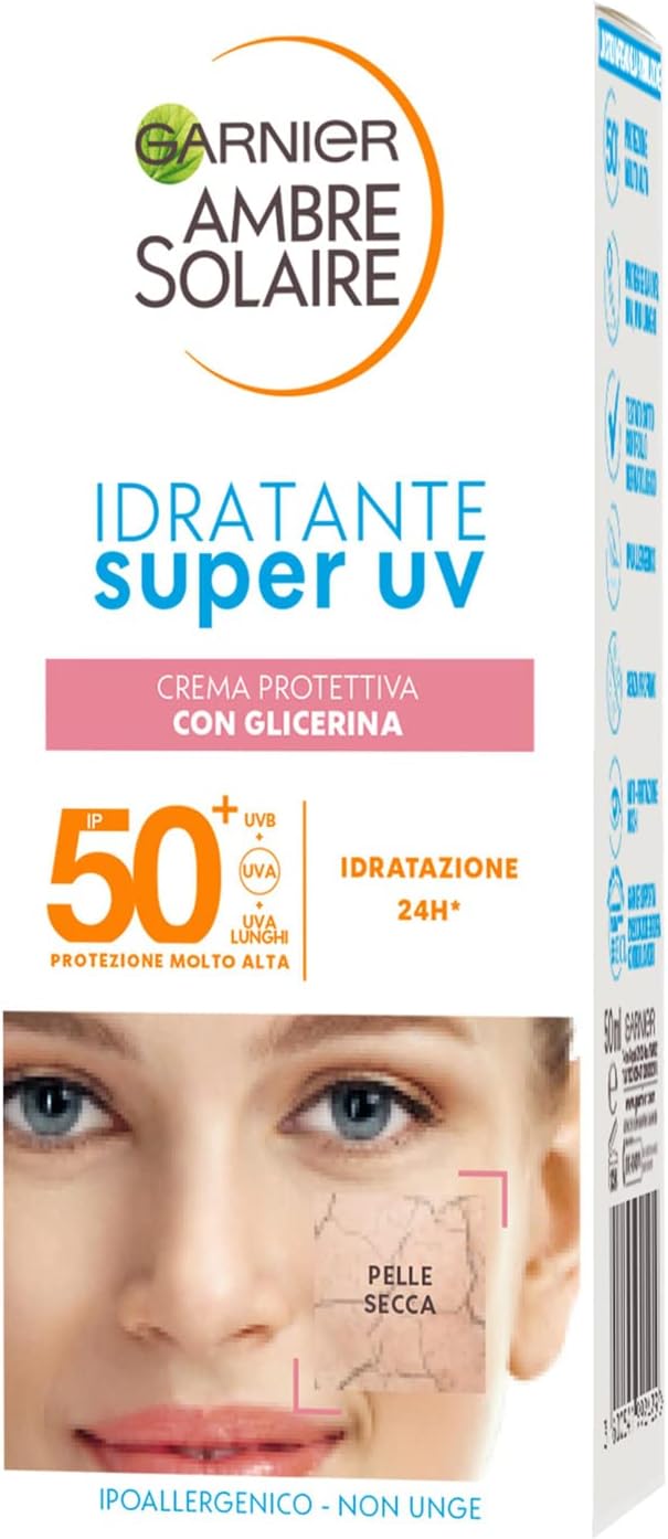 Garnier Creme facial hidratante Super UV para Pele seca, SPF 50+ de rápida absorción con glicerina