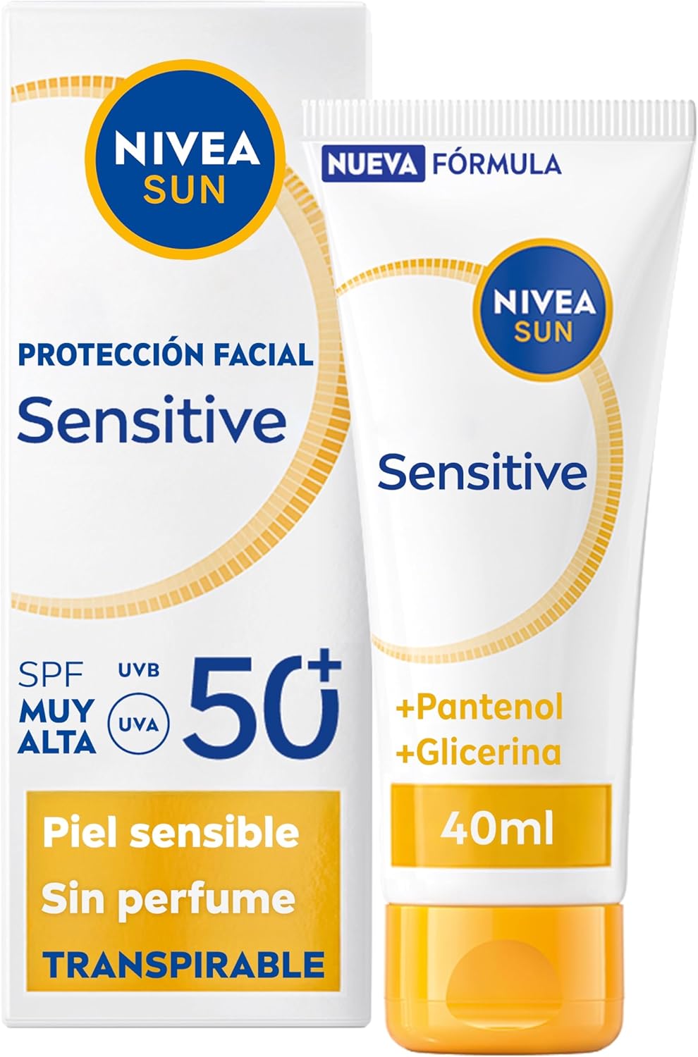 NIVEA SUN Sensitive Protección Facial SPF50+ - Creme solar facial - 3x Protección UV Transpirable Pele sensív...