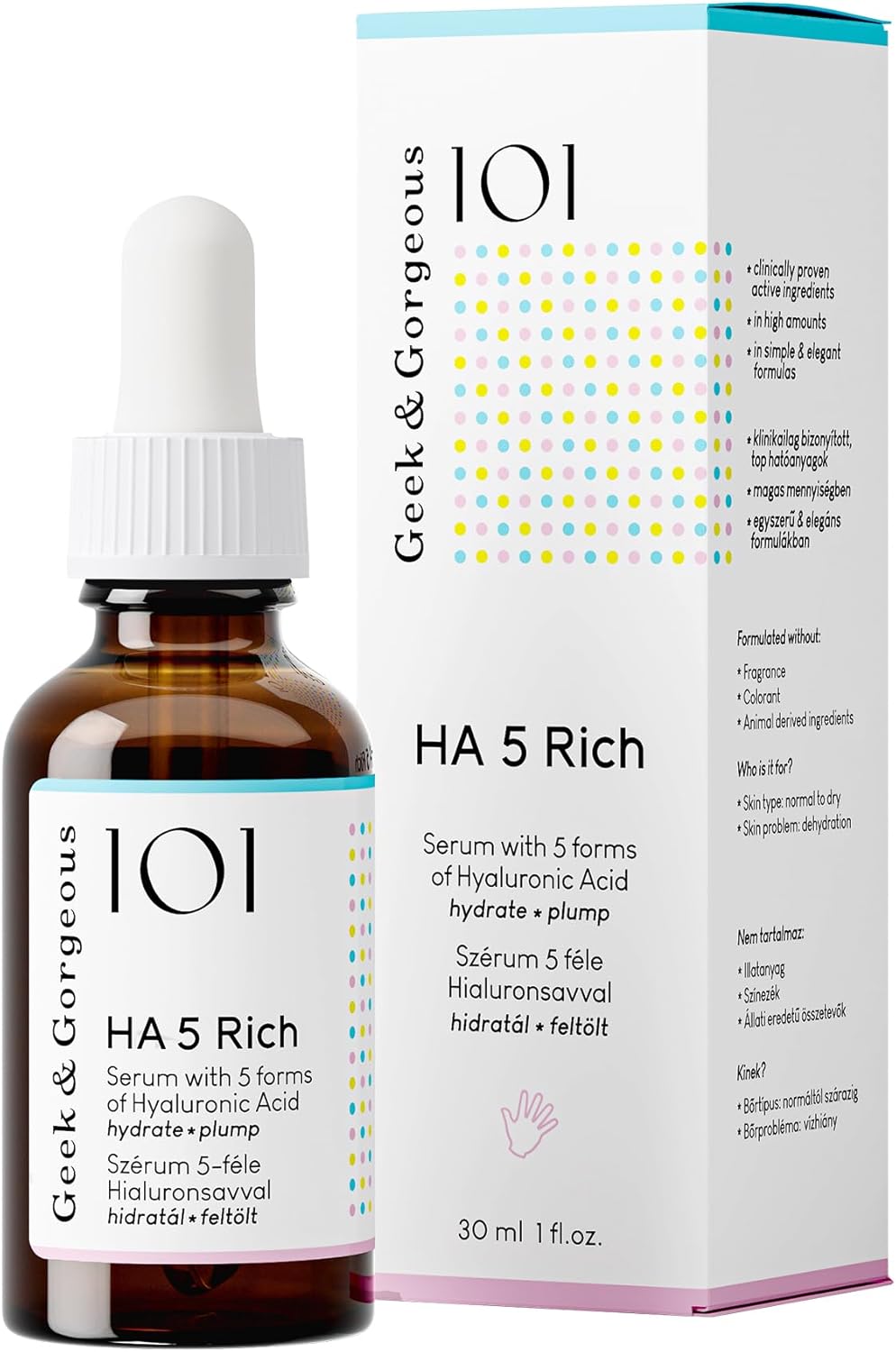 Geek & Gorgeous HA 5 Rich – Sérum Facial con 5 Tipos de Ácido Hialurónico – Hidratación Profunda, Rellenador...