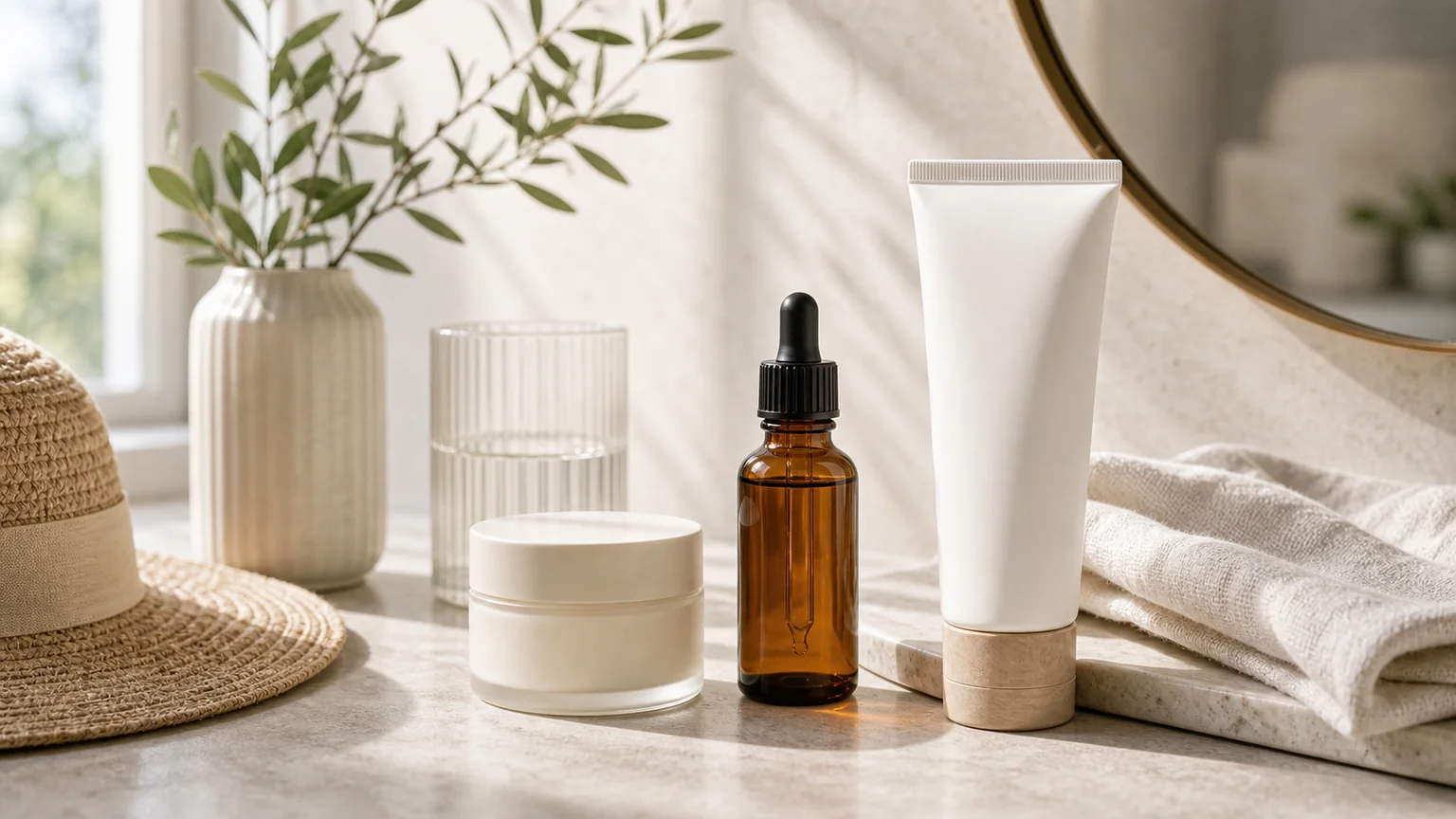 Protetor solar, sérum e creme sem marcas numa bancada clara para guia de melasma
