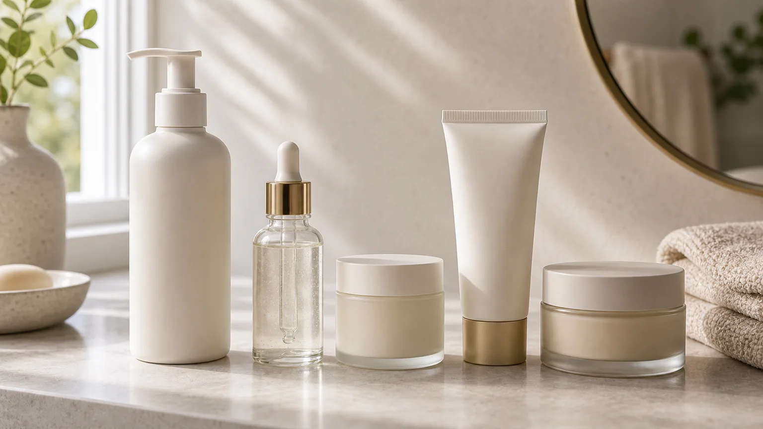 Produtos sem marca alinhados por ordem de rotina de skincare