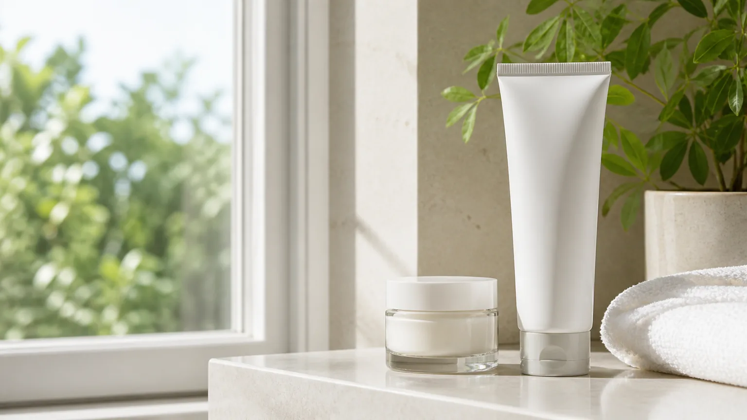 Tubo de protetor solar facial e creme hidratante sem marca junto a uma janela
