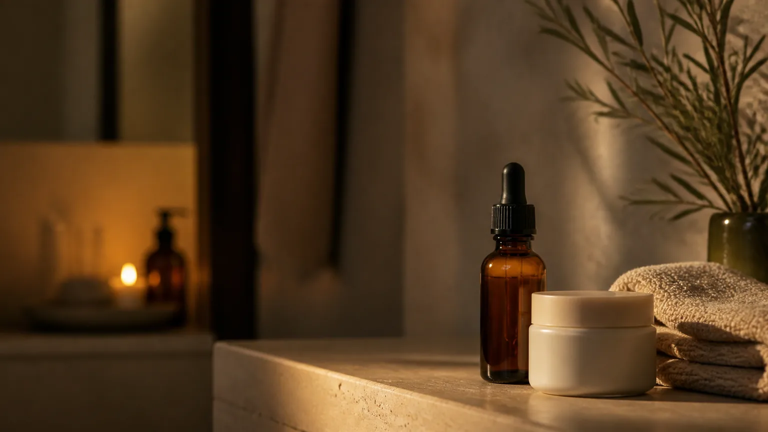 Frasco de sérum âmbar e creme de barreira sem marca numa rotina noturna