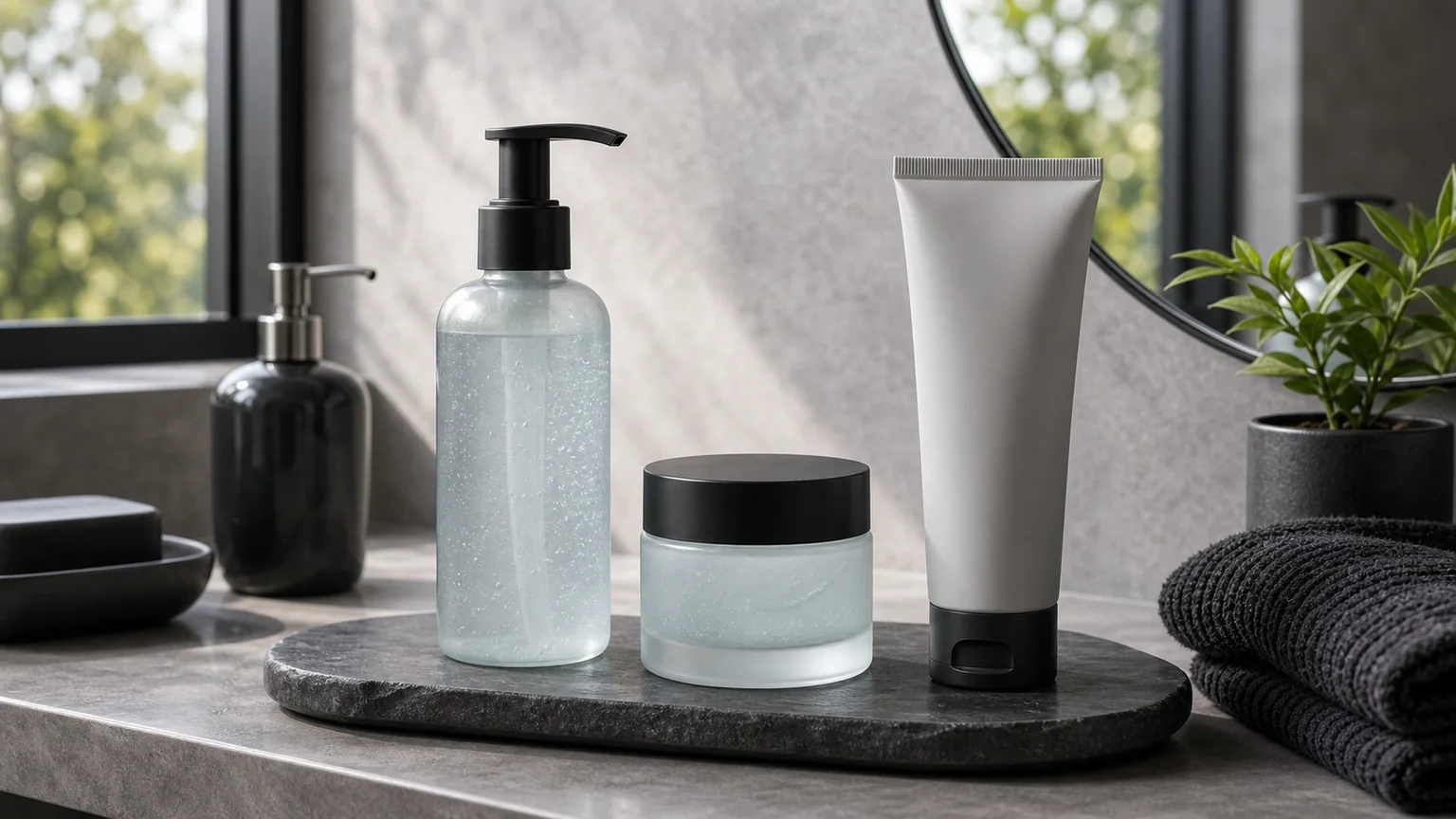 Rotina masculina sem marca com gel de limpeza, hidratante leve e protetor solar