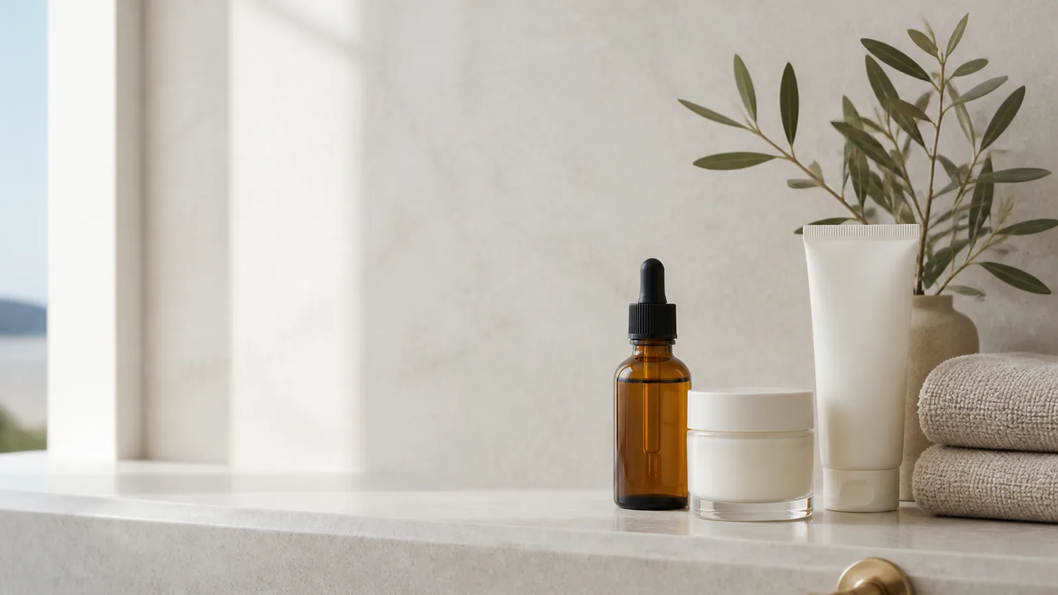 Composição editorial com sérum, creme e protetor solar sem marca