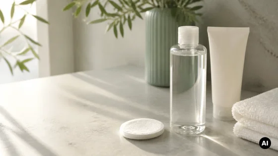 Água micelar, algodão e limpeza suave sem marcas numa bancada iluminada