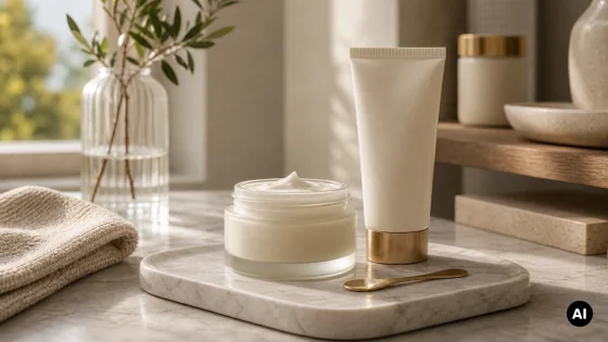 Creme de rosto sem marca em bancada clara com luz suave