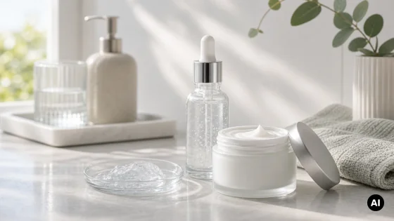Creme facial sem marca com gotas de textura aquosa numa bancada clara