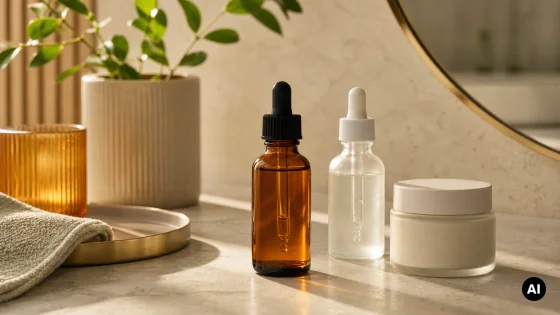 Sérum âmbar sem marca com creme e frasco claro para guia de vitamina C