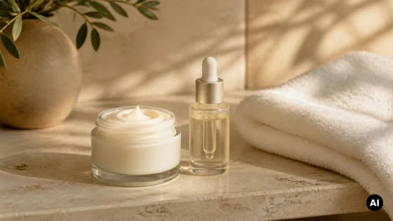 Frasco de sérum e creme sem marca numa bancada clara para uma rotina de pele madura