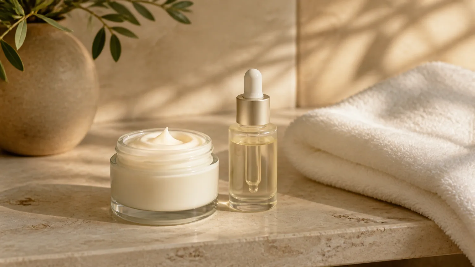 Frasco de sérum e creme sem marca numa bancada clara para uma rotina de pele madura