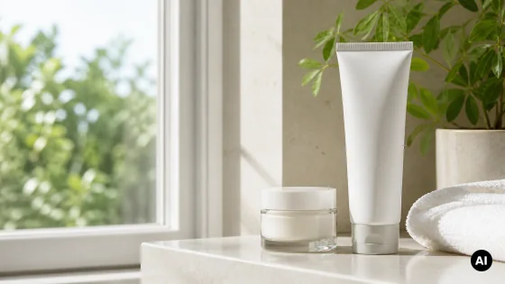 Tubo de protetor solar facial e creme hidratante sem marca junto a uma janela