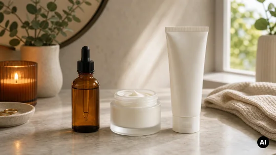 Protetor solar sem marca ao lado de sérum noturno para rotina com retinol