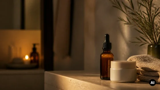 Frasco de sérum âmbar e creme de barreira sem marca numa rotina noturna