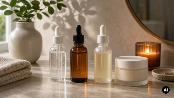Três frascos de skincare sem marca para rotina com vitamina C, niacinamida e retinol