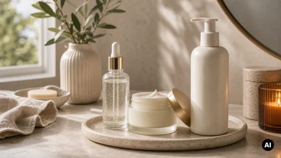 Rotina sem marca para pele madura com creme rico, sérum suave e SPF