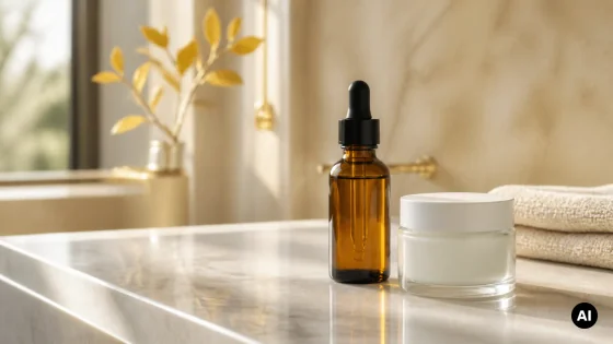 Frasco de sérum âmbar e frasco branco sem marca numa casa de banho luminosa