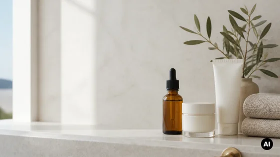 Composição editorial com sérum, creme e protetor solar sem marca